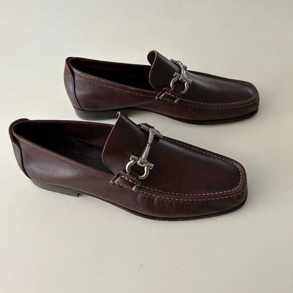 Mens Brown Leather Ferragamo Loafers Slip-Ons Designer Mens Shoes Sz 7.5 EE - Picture 2 of 16